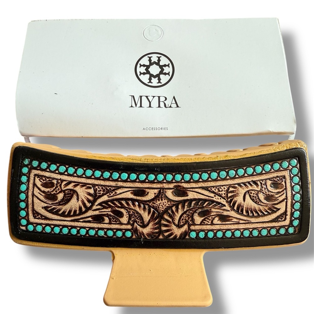 Myra Hair Large Comb Clip In Hand Tooled Leather accented in Yellow- NWT